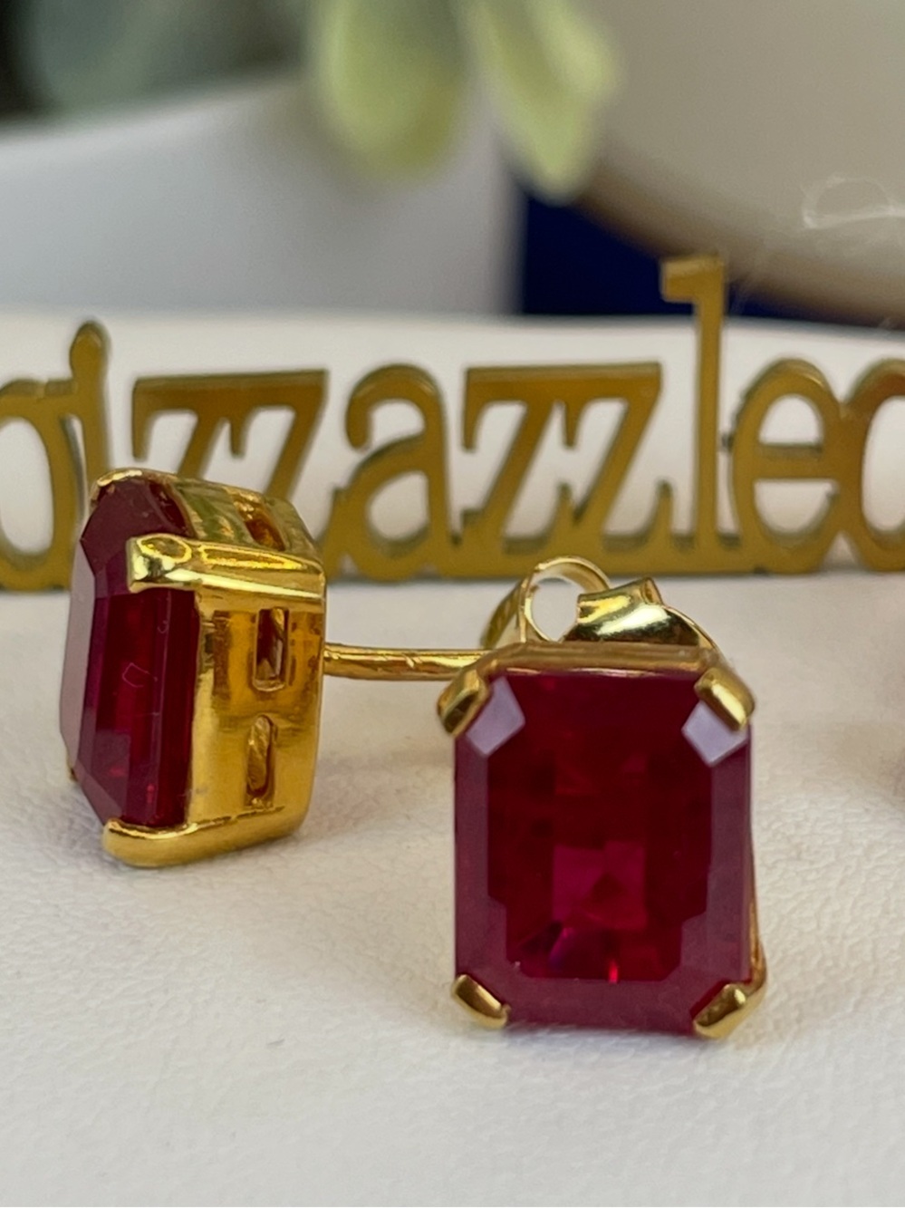 8.4ct Ruby Earrings 18k Yellow Gold on 925 Sterling. Emerald cut - Picture 4 of 5
